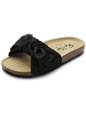 Women's Glitterblack Cute Bow Tie Knot On Top Strap Comfy Slip On Slides Sandals